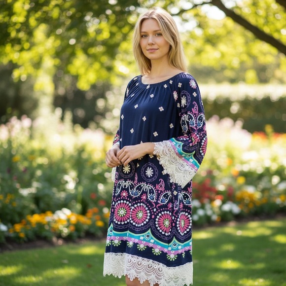 White Mark Dresses & Skirts - White Mark Navy Boho Blue Embroidered Tunic Dress Size Large / #3106‎